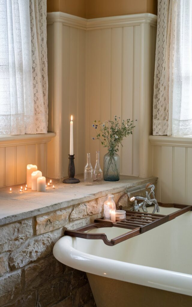 A photo of an English countryside bathroom with a warm stone half-wall ledge built beside the bathtub. The ledge is made of textured sandstone or limestone and has natural variations. It is perfect for candles, bath products, and small decorative touches. There are a few flickering candles, vintage glass bottles, and a small bouquet of wildflowers on the ledge. The room has soft cream walls, classic beadboard paneling, and lace curtains.