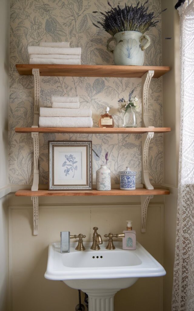 A photo of an English countryside-inspired powder room. There are floating oak shelves mounted on a soft beige wall with a subtle floral wallpaper accent. The shelves are styled with aesthetic charm—neatly stacked ivory hand towels, a small vintage perfume bottle, a framed botanical sketch, and a ceramic vase filled with dried lavender. Below, a pedestal sink with brass fixtures adds elegance. Natural light filters through a lace curtain. The overall mood is refined yet cozy, blending timeless countryside charm with gentle, practical warmth.