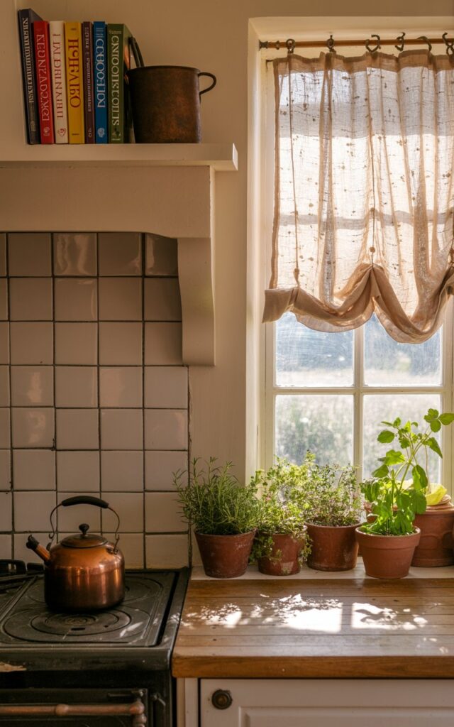 A photograph of a cozy English countryside kitchen, bathed in the soft glow of a late afternoon sun. A weathered cast iron stove with a small copper kettle sits at the heart of the room, framed by a farmhouse-style range hood adorned with rustic ceramic tiles. A small wooden shelf mounted near the stove holds a collection of cookbooks with brightly colored spines reading “"English Baking"" "Herbs and Spices"" and "Comfort Food Classics". A window with linen curtains softly diffuses the light across a windowsill brimming with small terracotta pots of fresh herbs like rosemary and thyme.
