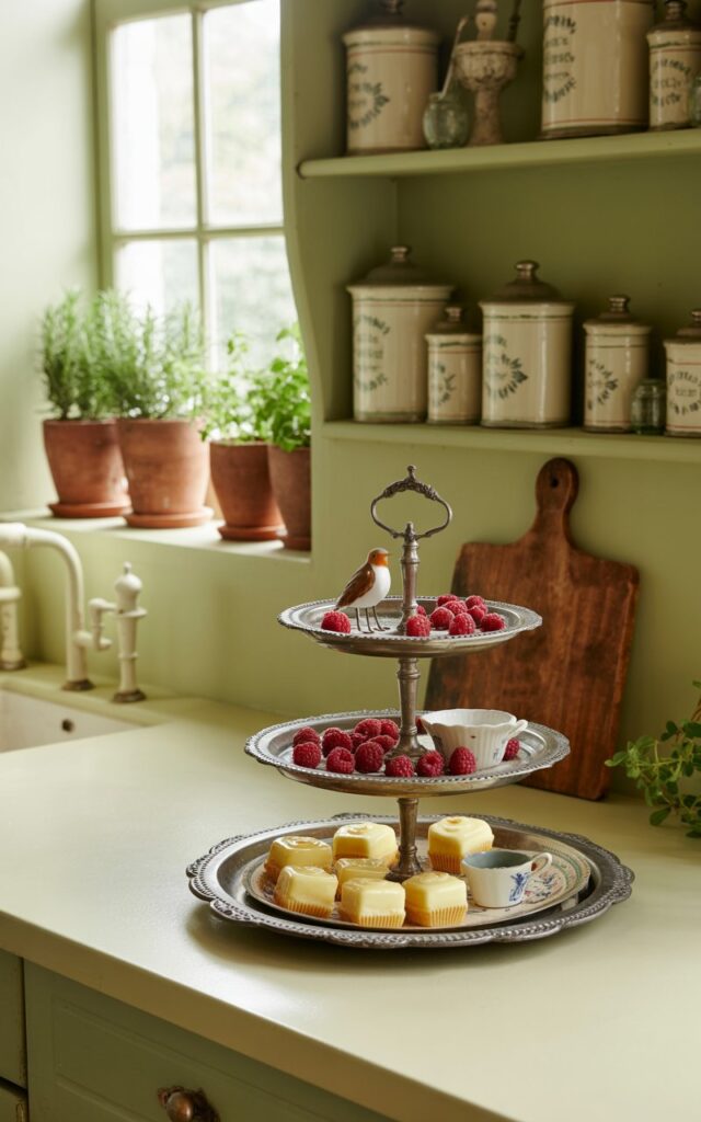 A photograph of a charming English countryside kitchen showcasing a three-tiered antique silver tray elegantly displayed on a cream-colored countertop. The tray holds an assortment of fresh raspberries, miniature lemon cakes, and a small porcelain figurine of a robin, all arranged with meticulous care. Behind the tray, open shelving displays a collection of vintage ceramic canisters and terracotta pots filled with fragrant rosemary and thyme, illuminated by soft morning light filtering through a window. The kitchen's walls are painted a pale sage green, and a weathered wooden cutting board rests nearby, completing the scene's cozy and inviting atmosphere.