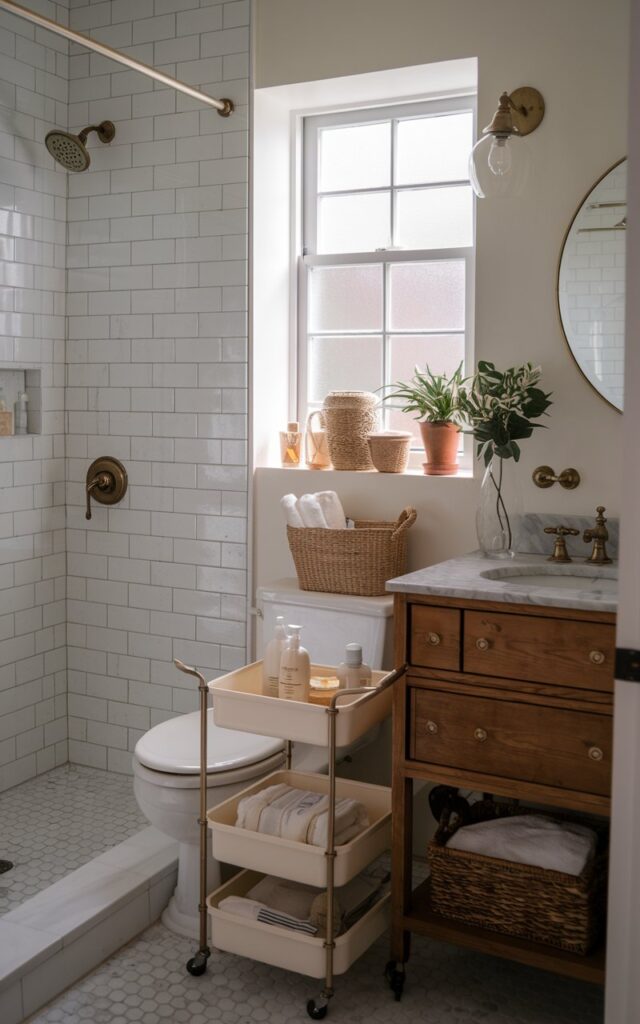 A photo of a small bathroom with a classic English countryside aesthetic. The bathroom has a slim 2-tier rolling cart tucked into the narrow gap between the vanity and toilet, holding bathing essentials like soaps, lotions, and neatly folded towels. The bathroom has classic white subway tiles in the shower area, a wooden vanity with a marble countertop, and vintage brass fixtures. Soft natural light filters through a small frosted window, highlighting woven baskets, potted greenery, and subtle decorative accents, creating a charming, functional, and organized small bathroom.