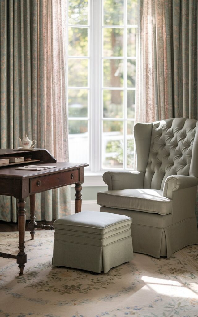 A photo of a home office tucked into a cozy bedroom. There is a vintage wooden desk with turned legs near a tall window, bathed in soft natural light. Beneath the desk, a plush upholstered footrest rests atop a floral-patterned area rug. A tufted armchair with a high back and rolled arms is paired with the desk. The fabric of the armchair is in soft sage or faded rose tones. Delicate lace curtains flutter lightly. A ceramic teacup with stationery sits on the desk. The overall scene has a quaint, pastoral charm and is restful and functional.