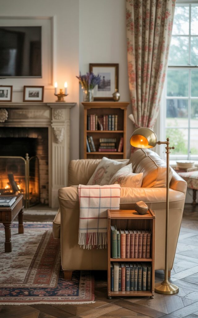 A photograph of a cozy English countryside living room centered around a plush beige leather couch positioned before a grand stone fireplace. The couch is adorned with a soft plaid throw blanket and a brass floor lamp with a warm amber glow, while a mini wooden bookshelf filled with vintage books sits beside it. Above the fireplace, a flat-screen TV is subtly mounted, and a patterned area rug grounds the space, with daylight gently filtering through floral drapes on a nearby window. Soft candlelight illuminates framed photos and a small vase of fresh lavender on the mantel, creating a serene and inviting atmosphere.