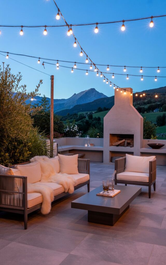 A photograph of an elegantly furnished outdoor patio blending alpine chic and coastal styles, illuminated by the soft glow of dusk. A plush lounge sofa adorned with ivory faux-fur throws anchors the space, accompanied by two comfortable armchairs and a sleek, dark wood coffee table positioned on a polished grey stone floor. Overhead, crisscrossing solar-powered string lights emit a warm ambiance, while in the background a rustic stone fire pit and a minimalist cooking area add to the inviting atmosphere. The scene is framed by lush greenery and distant mountain peaks, creating a serene and luxurious outdoor retreat.