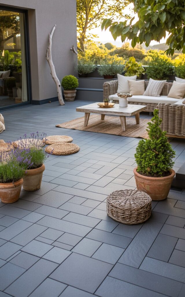 A photograph of a modern outdoor patio seamlessly extending from a contemporary house, styled with alpine chic and coastal elements. The patio features interlocking slate-grey deck tiles creating a clean, durable floor, with a comfortable lounge area consisting of a woven rattan sectional sofa adorned with cream-colored cushions and a weathered driftwood coffee table. Scattered textured jute rugs and several strategically placed terracotta pots filled with vibrant lavender and small boxwood evergreens create a relaxed atmosphere, while a single piece of bleached driftwood leans casually against the house wall. Soft, golden sunlight filters through the leaves of nearby trees, casting dappled shadows across the patio and highlighting the textural details of the space.