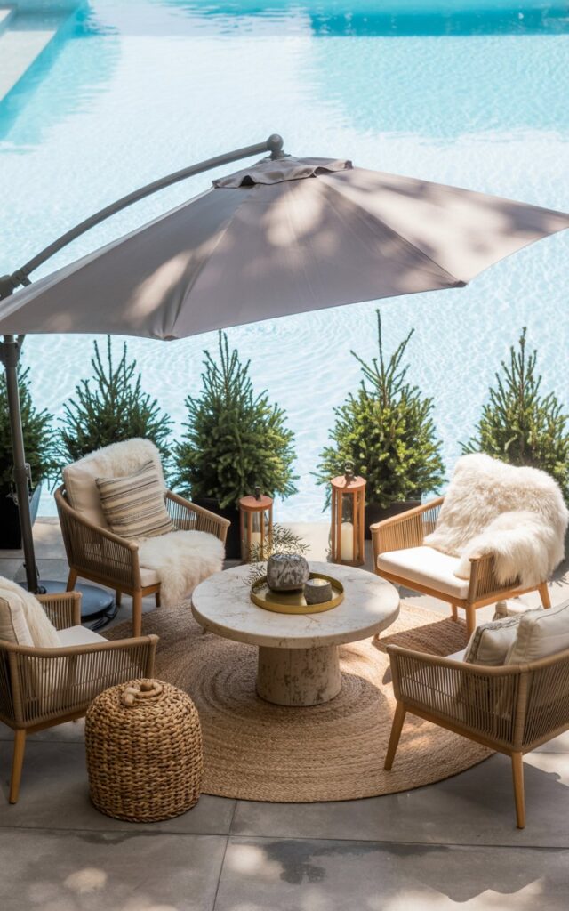 A photograph of an inviting outdoor patio designed with alpine chic aesthetics. A large cantilever umbrella in a light gray fabric extends gracefully over a comfortable seating area centered around a weathered stone coffee table. The seating arrangement consists of natural wood armchairs adorned with plush faux-fur throws and layered woven rugs providing warmth and texture, while potted evergreens and warm-toned lanterns are strategically placed alongside a shimmering swimming pool backdrop that creates a sense of serene luxury. Soft, diffused sunlight filters through the umbrella, casting gentle shadows across the patio and highlighting the blending of rustic and modern elements.