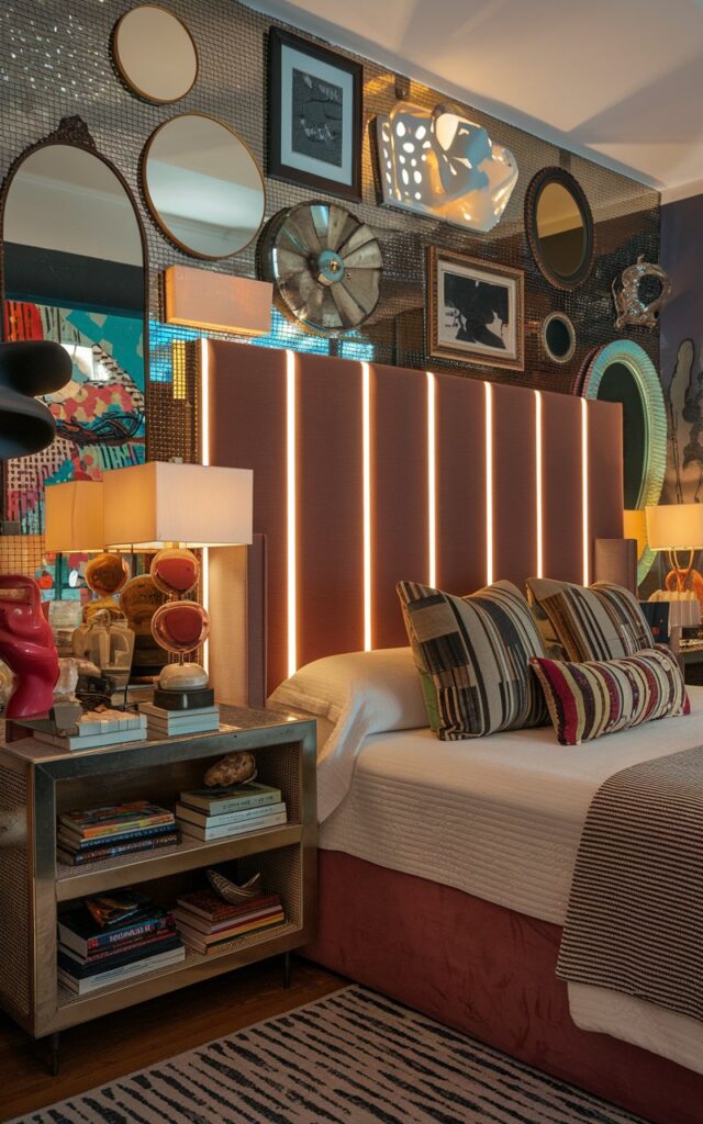 A photo of an eclectic bedroom with a mix of patterns, artwork, and vintage-meets-modern decor. The bed has a bold, upholstered headboard with warm LED strip lights glowing softly behind it. The room has mismatched nightstands with quirky lamps, stacked books, and sculptural decor. The walls are adorned with an asymmetrical gallery of prints and mirrors.