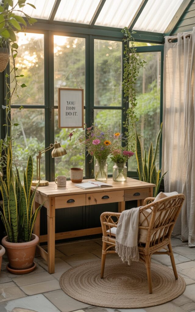 A photograph of a reclaimed wood desk situated against expansive glass windows in a sun-drenched enclosed patio turned home office, styled in a warm countryside aesthetic. The desk is adorned with a brass desk lamp, a ceramic mug, and several mason jar vases filled with vibrant wildflowers, with a 'You can do it' quote hanging neatly above. Tall snake plants in terracotta pots and trailing ivy cascade around the windows, while a braided jute rug and cozy rattan armchair with a wool throw soften the stone tile floor beneath a sheer linen curtain. Soft, diffused sunlight bathes the entire scene in a serene glow, highlighting the muted greens, warm ochres, and natural wood tones.