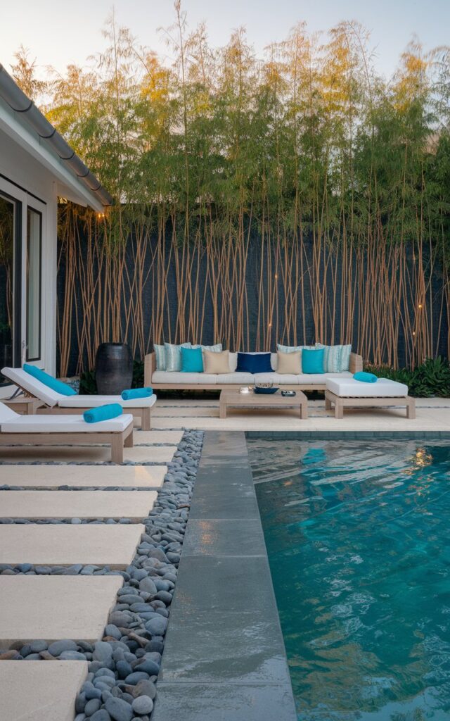 A photo of a modern California coastal backyard patio with a Zen-inspired design. The patio is framed by tall, lush bamboo screens that sway gently in the breeze, offering natural privacy without feeling enclosed. The patio opens out to a sparkling swimming pool, with its turquoise water reflecting the golden sunlight. Low teak loungers with crisp white cushions sit poolside, while a shaded seating area features a sleek sectional with coastal blue and sandy beige throw pillows. Natural stone pavers lead from the house to the water's edge, interspersed with smooth river rocks for a Zen touch. Subtle uplighting behind the bamboo creates a soft, calming glow in the evenings, blending tropical tranquility with breezy coastal charm.