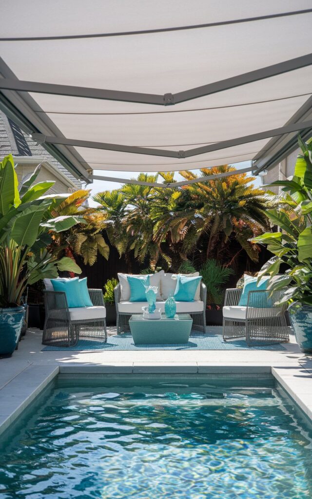 A photo of a backyard patio with a small swimming pool. There is a sleek retractable awning above the patio, providing adjustable shade. The patio is furnished with weather-resistant lounge chairs, a low glass-top coffee table, and soft outdoor cushions in cool, aquatic tones. Potted tropical plants frame the poolside, adding a lush touch. The retractable awning's clean lines complement the modern yet relaxed atmosphere. The shimmering pool reflects sunlight, creating a refreshing and inviting retreat perfect for both relaxation and entertaining.