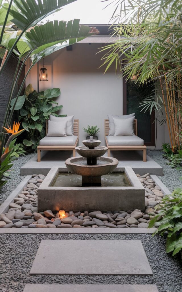 A photo of a Balinese-modern Japandi backyard patio with a serene lounge and a lush garden. The focal point is a minimalist bubbling 2-tier fountain with a shallow stone basin surrounded by smooth river rocks. Two low teakwood lounge chairs with neutral linen cushions are arranged around the water feature. Tropical plants like bird-of-paradise, bamboo, and ferns frame the edges of the patio. A gravel pathway leads to the seating area. Soft, diffused lighting from lanterns and concealed ground lights enhances the tranquil ambiance.