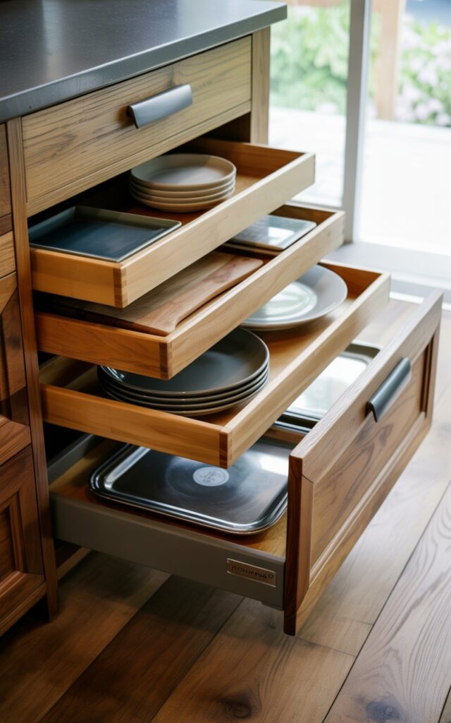 A photograph of a meticulously organized kitchen drawer, showcasing its sliding tray system. The drawer is crafted from reclaimed oak wood with a matte finish and features sleek matte black pulls. Inside, a collection of ceramic plates, wooden cutting boards, and stainless steel baking trays are neatly arranged on smooth-gliding birchwood trays, allowing for easy access and storage. Soft natural light spills in from a nearby window, illuminating the warm tones of the wood and highlighting the functionality of the design.