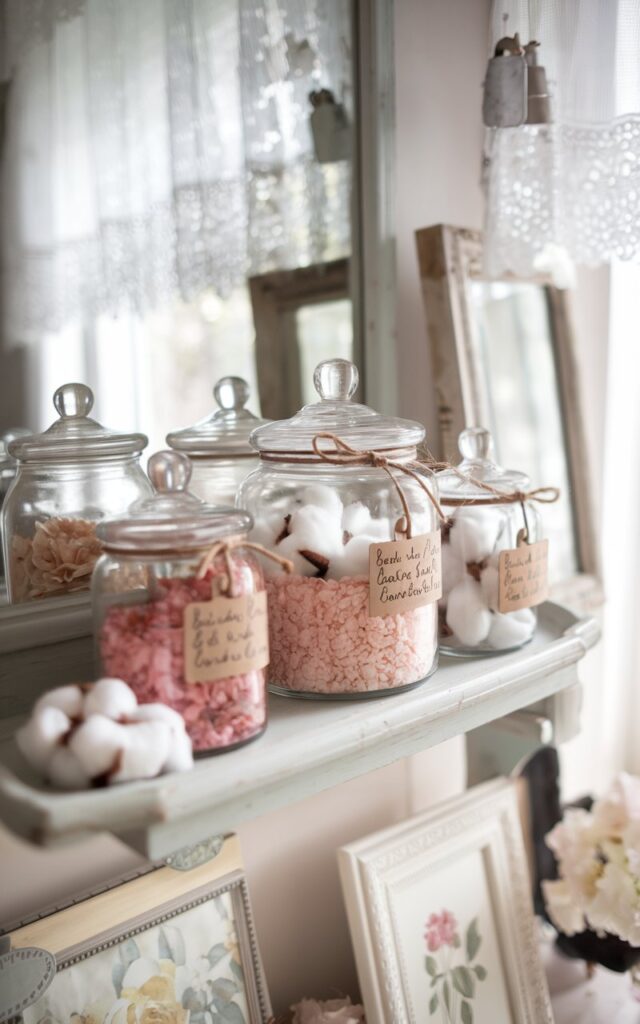 A photo of a cottagecore meets luxe bathroom setup. There are 2-3 vintage-style clear glass apothecary jars on a soft wood shelf above the vanity. Each jar contains a different essential: blush pink bath salts, white cotton rounds, and artisanal soap cubes. The jars are tied with twine and have handwritten labels. The glass jars catch the light from a nearby lace-draped window, casting delicate reflections. There are framed floral prints and a scalloped-edge mirror nearby. The overall setup is charming, rustic, and elegant, with a spa-worthy atmosphere.