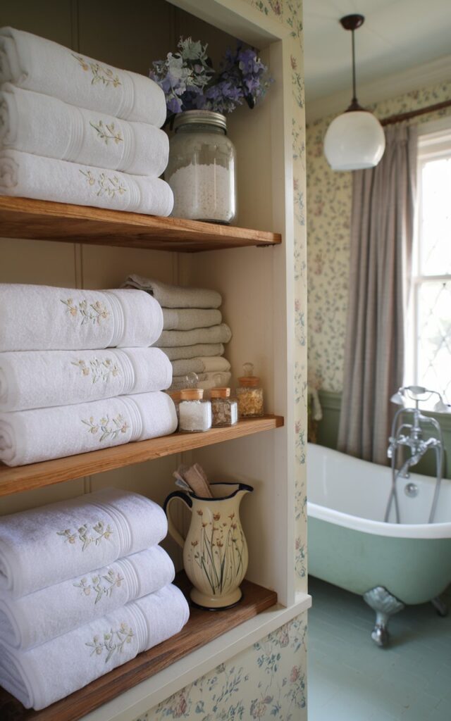 A photo of a cottagecore-style guest bathroom with an open wooden shelf displaying neatly layered soft white towels embroidered with delicate floral patterns. The shelves also hold glass jars of bath salts, a small stack of linen washcloths, and a vintage ceramic pitcher with wildflowers. The bathroom has a vintage feel, with a clawfoot tub, a curtained window, and pendant lights. The walls are covered with floral wallpaper, and the lighting is soft.
