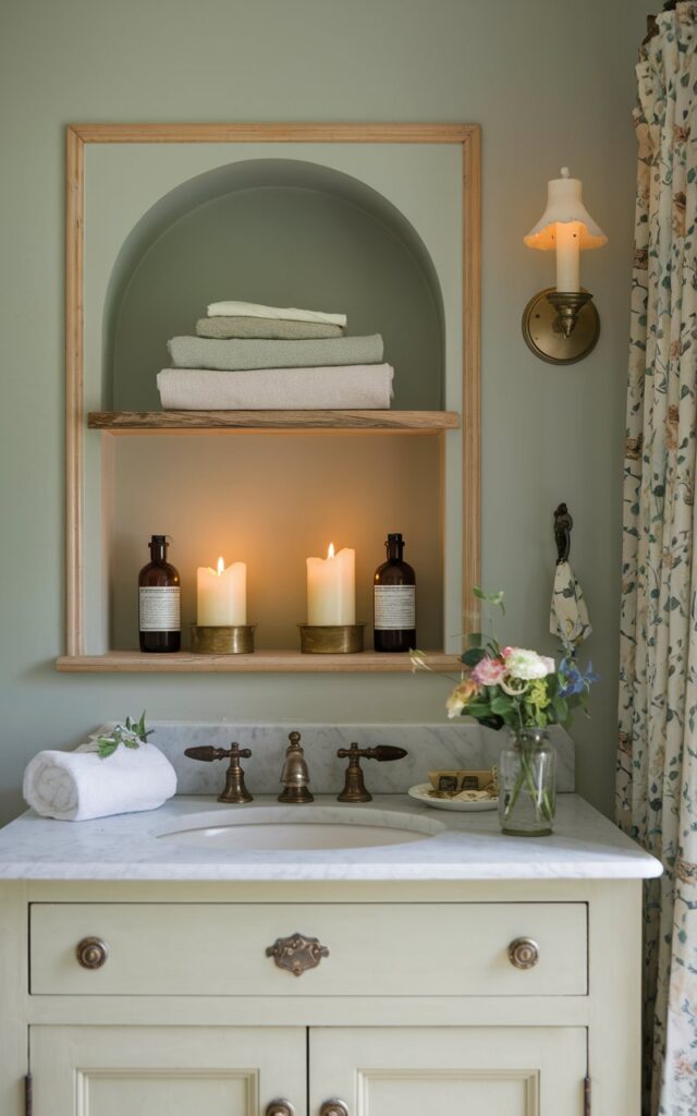 A photo of an English countryside spa-like bathroom with a charming built-in wall niche nestled just behind the vanity. The niche is painted in soft sage green and trimmed with natural wood. Inside, it holds neatly folded linen towels, a few glass bottles of bath oils, and a pair of glowing pillar candles in brass holders. The vanity below features vintage-inspired fixtures and a marble top, completing the cozy, curated look. A floral curtain and a tiny vase of fresh garden blooms nearby add a final countryside touch.