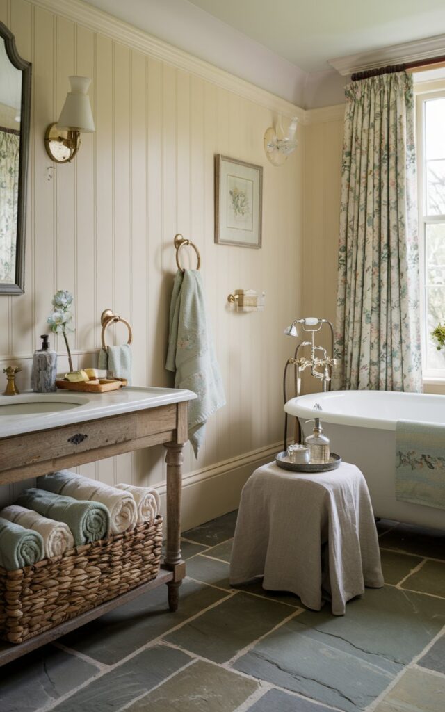 A photo of a spa-like bathroom in the English countryside. The walls are panelled in soft cream. There's a freestanding tub near a window draped in floral curtains. Under a vintage wood console or beside the vanity, a woven wicker basket holds neatly rolled hand towels in shades of ivory and pale sage. Stone tile flooring, a linen-covered stool, and antique brass fixtures are also present.
