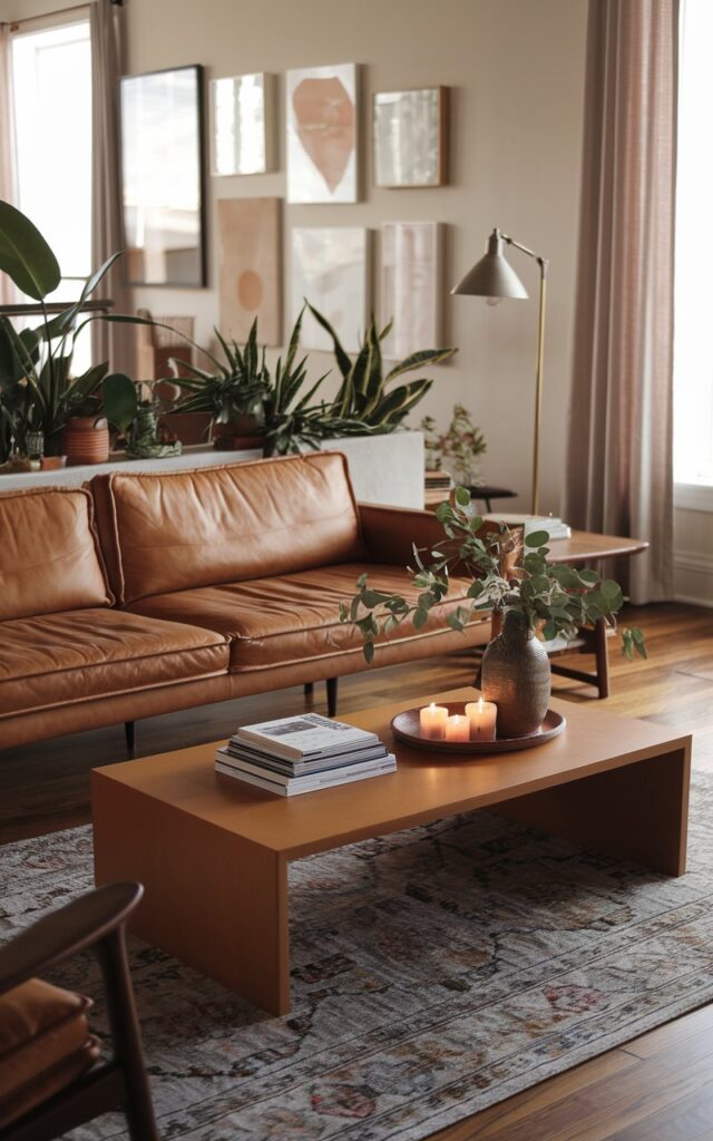 A photo of a mid-century modern living room with a warm-toned leather couch centered around a sleek rectangular coffee table. The coffee table is styled with a small stack of books, a ceramic vase with fresh greenery, and a minimalist tray with candles. The space has walnut wood flooring and a patterned mid-century rug. There are clean-lined wooden side tables and a curtained window. Behind the couch, there is a gallery wall of abstract art in muted tones. A vintage floor lamp with a tapered shade, indoor plants in ceramic planters, and subtle brass accents complete the cozy yet sophisticated look. The natural light is soft and ambient.