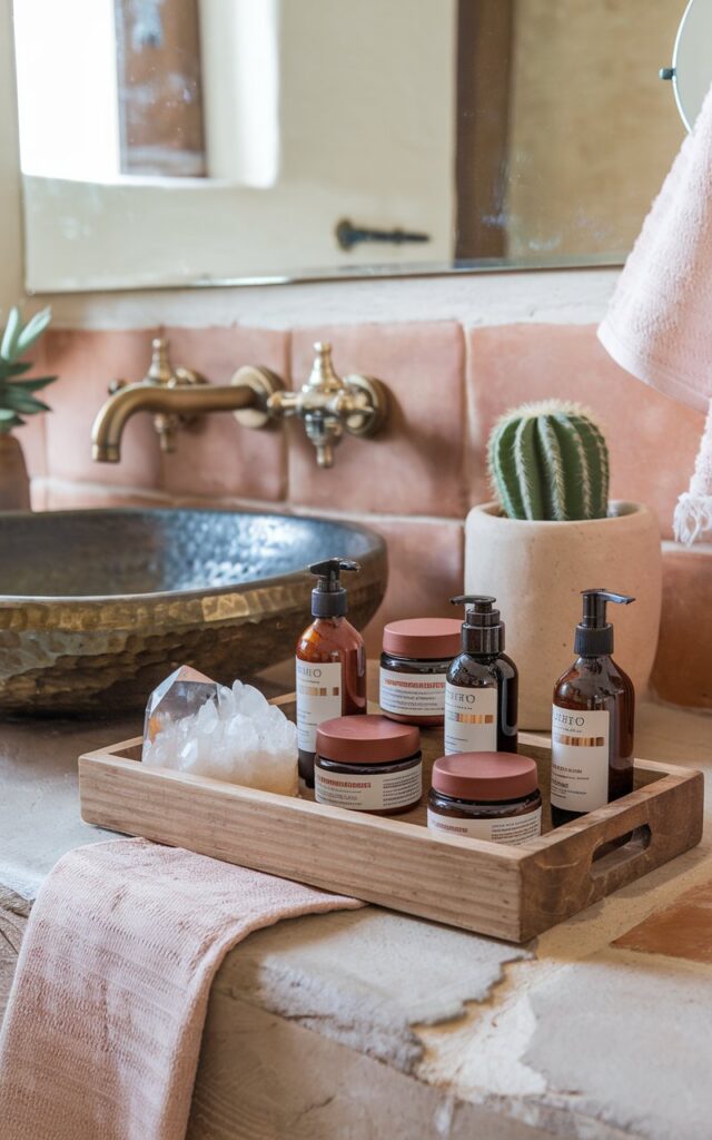 A photo of a spa-inspired bathroom with a Southwestern twist. A wooden tray sits on a stone countertop, filled with skincare products in amber glass bottles, matte clay jars, and gold-accented labels. The tray is placed near a ceramic vessel sink with hammered brass fixtures. The bathroom has terracotta tiles and soft woven textiles. There's a cactus in a white pot and a mirror. A crystal is tucked into the tray.