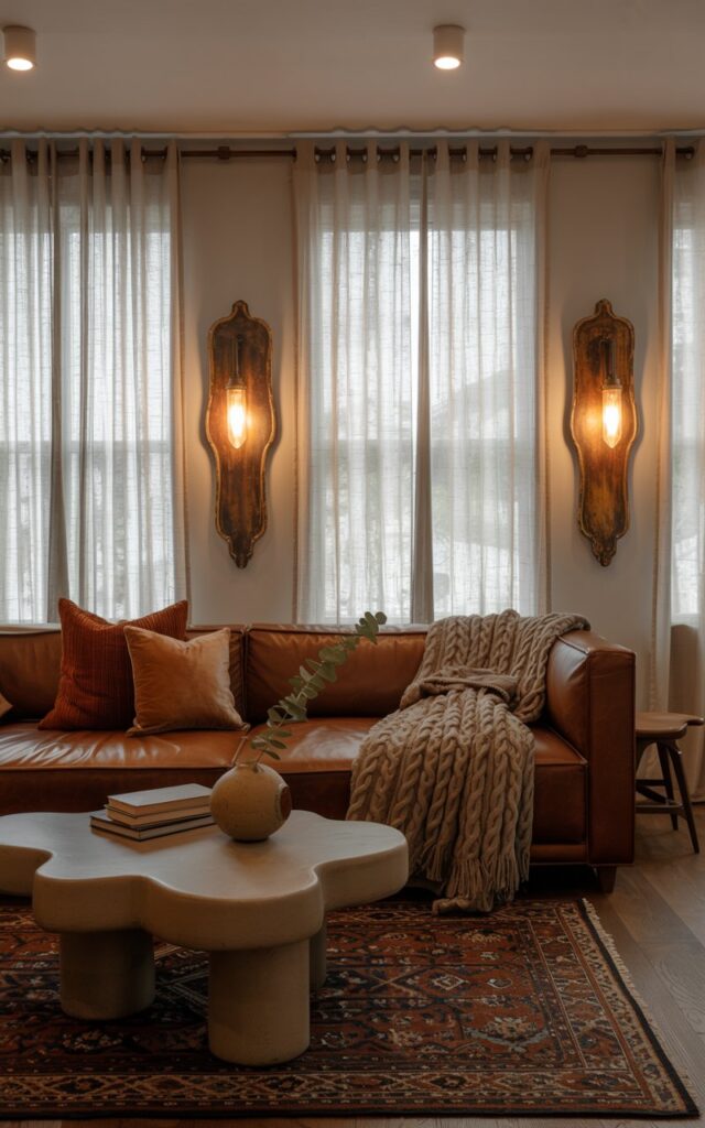 A photograph of a cozy living room bathed in soft, natural light filtering through sheer linen curtains. A plush, deep-brown leather sofa anchors the space, adorned with several velvet pillows in shades of rust and cream, and a chunky cable-knit throw blanket casually draped across the back. Flanking the sofa are two antique, hand-painted wall sconces with warm amber tones, illuminating a unique, organically shaped coffee table holding a stack of books and a ceramic vase with a single sprig of eucalyptus. A patterned Persian rug warms the hardwood floor, while recessed ceiling lights with a single pendant casting a gentle glow complete the inviting atmosphere.