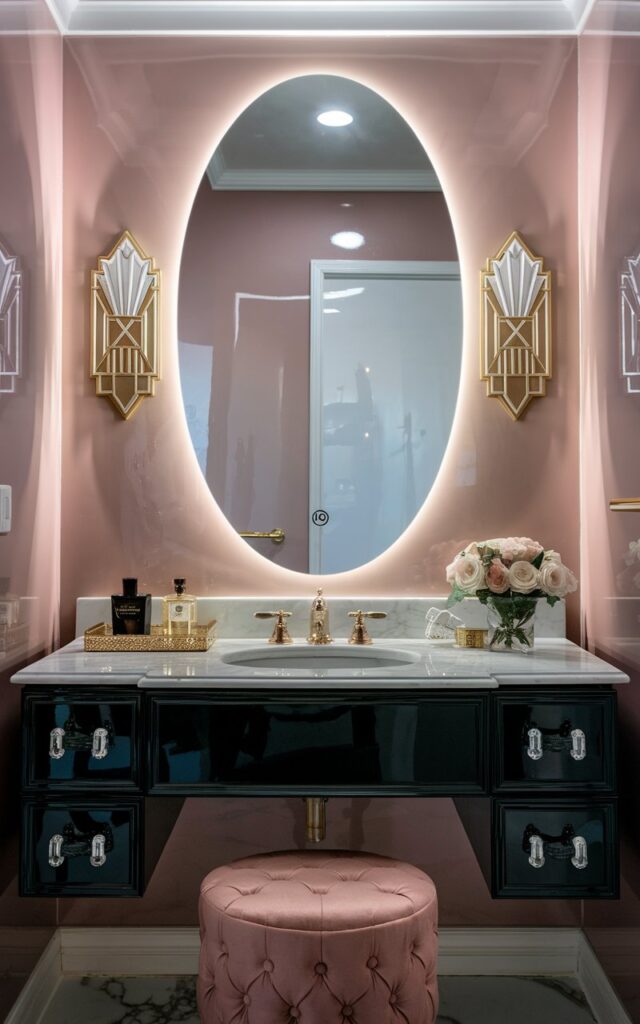 A photo of a Hollywood glam-style bathroom with a large, oval mirror. The mirror has soft LED backlighting that casts a subtle golden glow against a glossy blush pink wall. The mirror sits above a black lacquered vanity with crystal drawer pulls and a white marble countertop. Gold fixtures, art deco sconces, and a plush velvet stool complete the luxe, moody atmosphere. A small tray with perfume bottles and a vase of fresh roses adds a final glamorous touch.