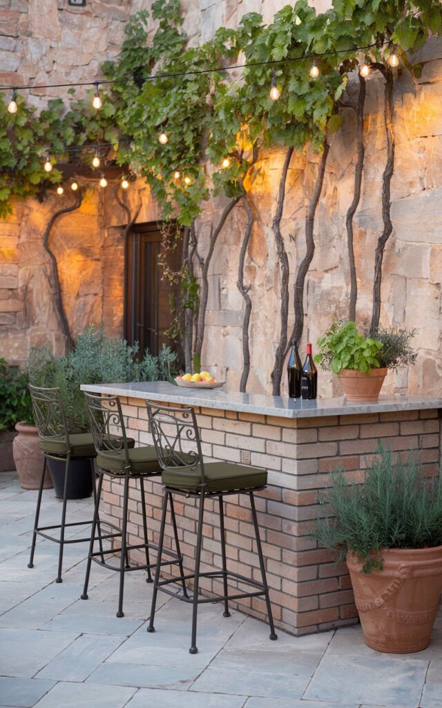An Italian backyard patio with a sleek mini outdoor bar built from warm terracotta bricks topped with polished marble. The bar is lined with stylish, weatherproof 2-3 stools made of wrought iron with cushioned seats in deep olive green. Nearby, climbing grapevines creep up rustic stone walls, adding natural charm and shade. The space is accented with terracotta pots filled with herbs like basil and rosemary, enhancing the authentic Italian vibe. Warm string lights hang overhead, casting a golden glow that invites leisurely evenings of sipping wine and lively conversation under the stars.