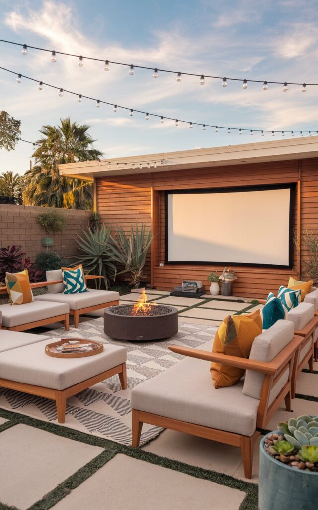A mid-century modern backyard patio with a modular seating setup. The seating is arranged in sleek, low-profile sections and can be easily reconfigured for lounging, dining, or movie nights. The setup faces a mini outdoor theatre with a pull-down projector screen, framed by warm wood slats. Cushions in retro-inspired geometric prints add pops of mustard, teal, and burnt orange, complementing the clean lines of the teak furniture. A round fire table sits at the center for warmth and ambience. Potted succulents and sculptural plants lend organic texture. Overhead, string lights in a zigzag pattern create a cozy glow, making the space perfect for both casual afternoons and cinematic evenings under the stars.