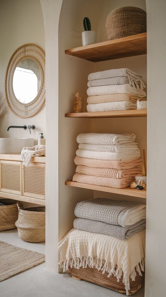 A photo of a modern boho spa-feel bathroom with an open wooden shelf. The shelf has stacks of thick, plush towels in sandy beige, warm cream, and soft stone gray. Some of the towels have subtle fringe or a waffle weave. The shelf is placed beside the vanity and is paired with a few woven baskets, a tiny cactus, and a palo santo stick or two. There is a mirror with a rattan frame and a cotton rug underfoot. The bathroom has a cozy Boho energy and is relaxing and inviting. The lighting is soft and ambient.