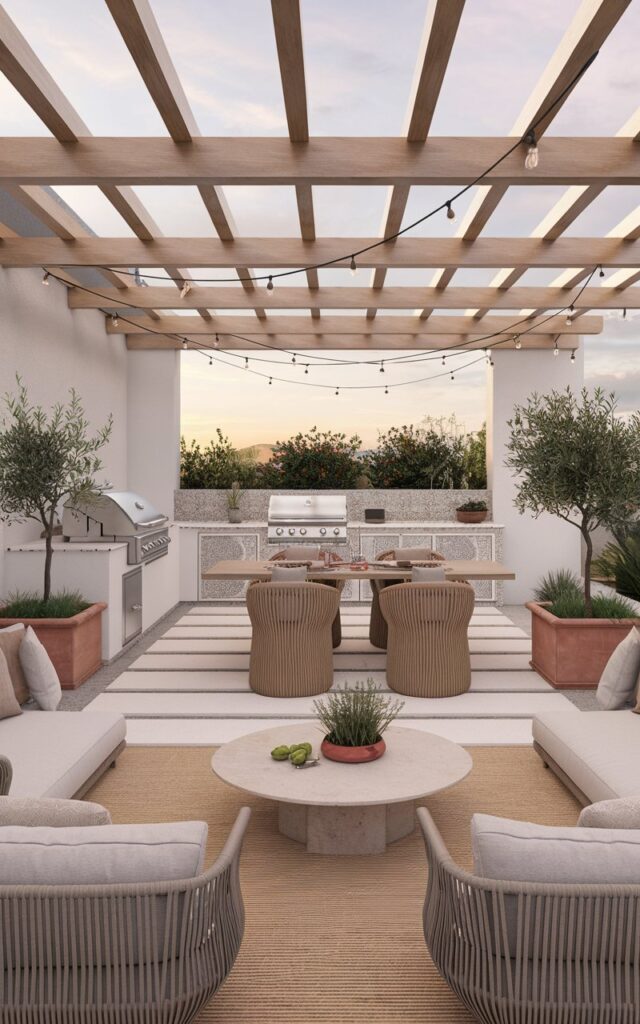 A photo of a modern Mediterranean chic style backyard patio with a sleek built-in grill station, a dining area, and a lounge area. The grill station is finished in white stucco and has a patterned mosaic tile backsplash. It is set beneath a wooden pergola with slatted beams for partial shade. The dining area features a long, natural wood table with 2-3 woven rattan chairs and linen cushions in warm neutral tones. The lounge area has low-profile sofas with plush white cushions, a round stone coffee table, and potted olive trees for a Mediterranean touch. Soft string lights crisscross the space, and terracotta planters with rosemary and basil add greenery and fresh aromas. The layout flows seamlessly, creating a vibrant yet relaxed atmosphere perfect for both casual family dinners and stylish evening gatherings.