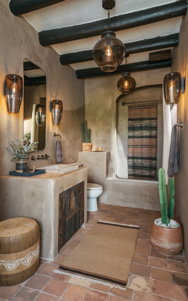 A photo of a modern Southwestern bathroom with a chic edge. The walls are textured stucco, and the floor is sun-baked terracotta tile. There is a vanity with a sink, a toilet, and a floor rug. The room has dimmer switches near the vanity and bath, letting you adjust the lighting to a warm, golden glow. Overhead pendants and sconces in smoked glass offer layered light, creating a cool mood. The room is paired with desert-toned textiles, a cactus in a ceramic planter, and woven accents.