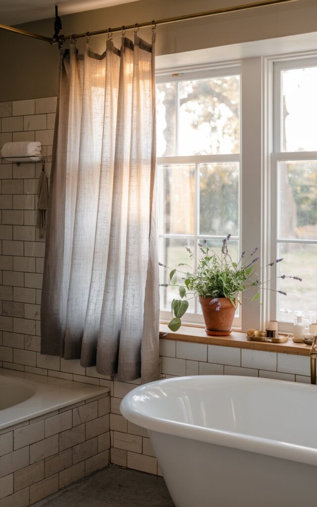 A photo of a modern cottagecore meets spa-day serenity bathroom with a freestanding tub, vintage-inspired tile, and sheer linen curtains hanging from a simple brass rod. There is a potted plant and fresh sprigs of lavender on a windowsill. The windows frame views of a garden. The room has a warm, golden hue from the sunlight.