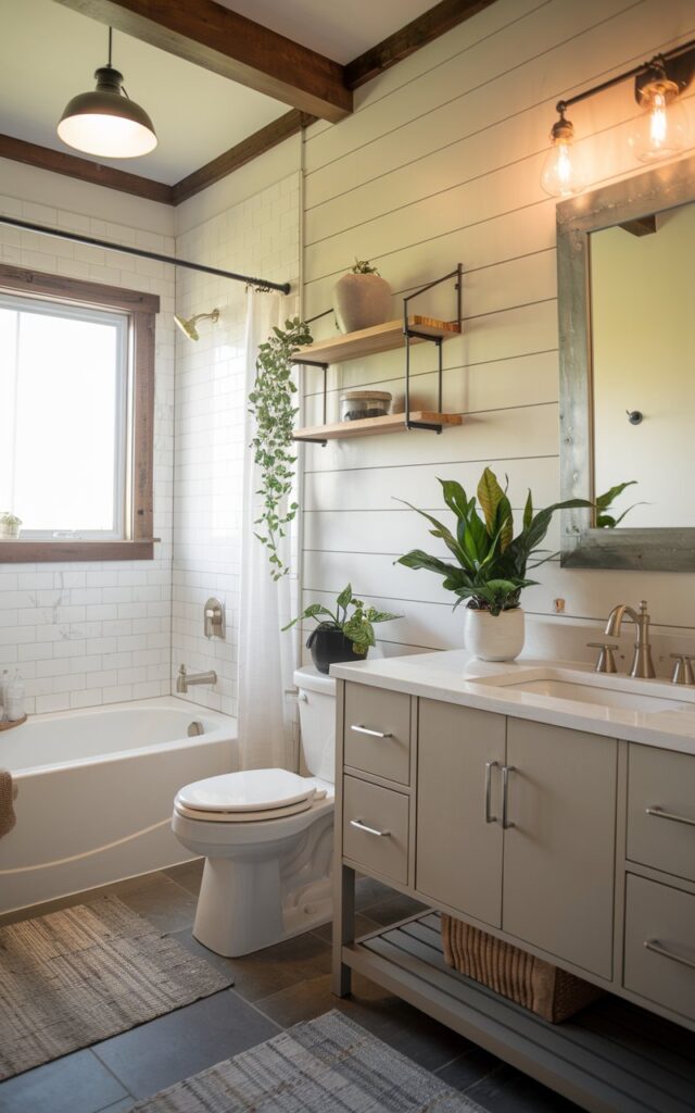 A photo of a modern farmhouse bathroom with clean lines and cozy textures. There is a bathtub, a vanity with two plants (a peace lily and a snake plant), a floating shelf with a pot, a wood-framed mirror, shiplap walls, and brushed nickel fixtures. The room has a toilet, a curtained window, a floor rug, and a wood beam ceiling with a pendant light. The lighting is warm.