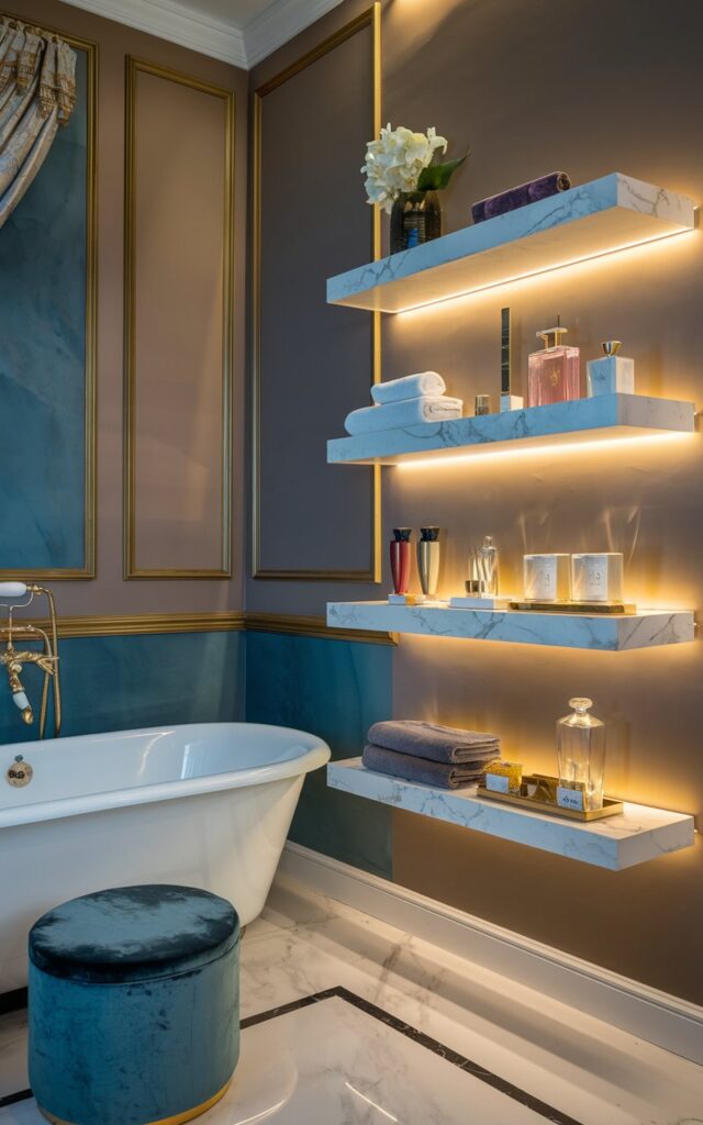 A photo of a modern glam and regal bathroom. There's a freestanding tub near the wall, with a crystal knob and a velvet footstool. The wall has jewel-toned paint and gold accents. There are floating shelves made of marble, holding perfume bottles, folded towels, and glass jars. Beneath the shelves, there's a hidden LED strip lighting that emits a golden halo of warm light. The lighting adds drama and depth, highlighting the gold-accented decor.