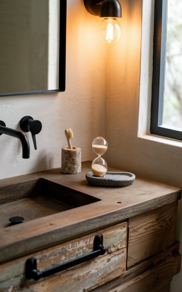 A photo of a modern rustic bathroom with a reclaimed wood vanity, black hardware, and a warm glow from a nearby sconce. On the countertop, there's a small, elegant sand timer, a stone soap dish, a wooden brush, and a ceramic toothbrush holder. The space exudes a warm, pared-back vibe.