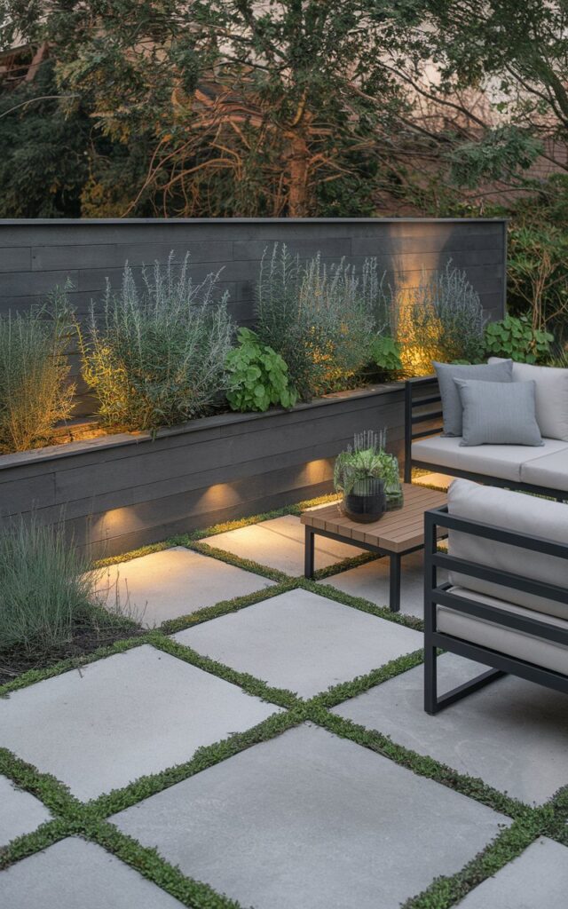 A photo of a naturalist modern backyard patio. The patio has a sleek mini wall fence that doubles as a planter. The border is filled with fragrant herbs like rosemary, lavender, mint, and thyme. The patio features clean-lined furniture in teak and black metal, paired with neutral outdoor cushions for a minimalist yet inviting feel. Large concrete pavers are interspersed with creeping groundcover, blending the space seamlessly with the surrounding landscape. Soft, integrated lighting along the mini wall highlights the herbs at night, creating a serene, sensory-rich retreat.