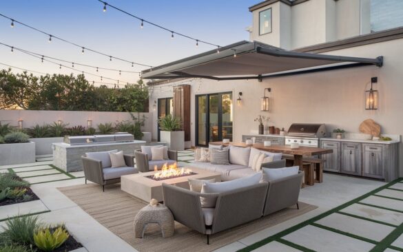 A photo of a modern rustic backyard patio in a Posh California coastal home. The space seamlessly blends luxury with natural warmth. There's a spacious seating area with plush, neutral-toned sofas and textured cushions arranged around a sleek stone fire pit. A large wooden dining table with comfortable chairs sits under a retractable fabric awning, perfect for alfresco meals. The modern cooking station boasts stainless steel appliances set into weathered wood cabinetry topped with stone counters. Soft string lights and lanterns hang overhead, casting a warm glow as evening falls. The flooring combines wide plank wood decking and smooth stone tiles, framed by lush planters filled with native coastal greenery and subtle privacy screens. Decorative accents like woven rugs, artisan pottery, and subtle coastal art complete this inviting, elegant outdoor retreat.