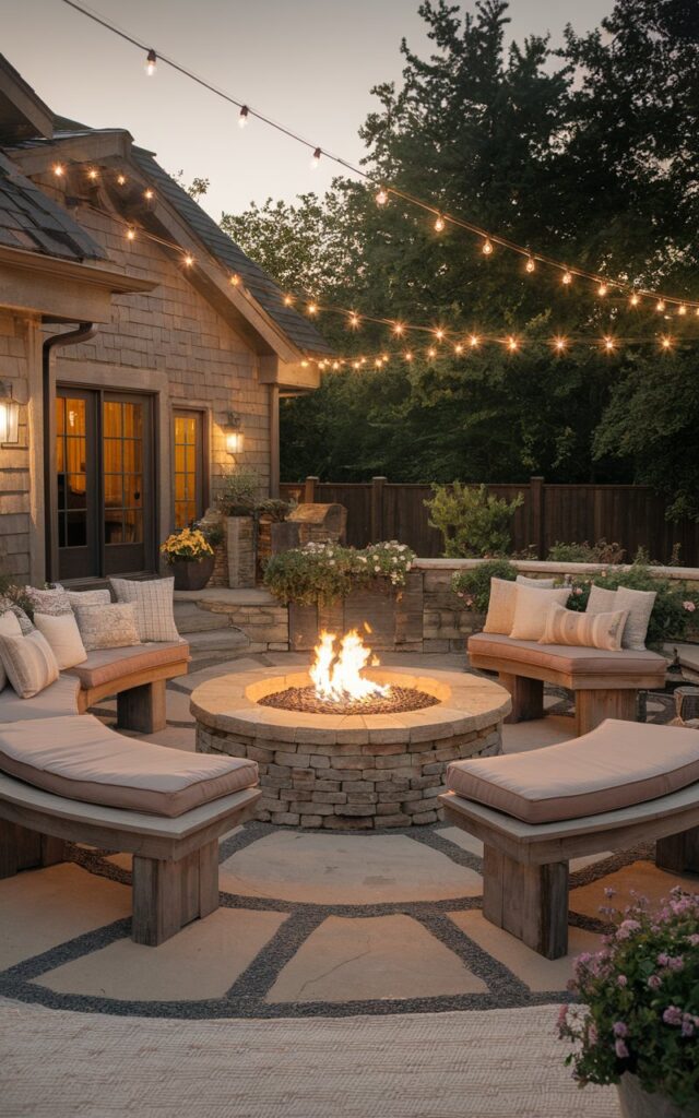 A photo of a posh rustic backyard patio attached to a house. The centerpiece is a grand stone fire pit with a flaming fire. Surrounding the fire pit are 2-3 sturdy yet elegant wooden benches with plush cushions. The fire pit is built from handpicked natural stones, exuding both rugged charm and refined craftsmanship. The benches curve gently around the flames, encouraging conversation and warmth on cool evenings. Overhead, subtle string lights add a golden glow, while potted greenery and textured rugs soften the look, creating a luxurious yet welcoming retreat for gatherings right outside the home. The benches are at a safe distance from the firepit.