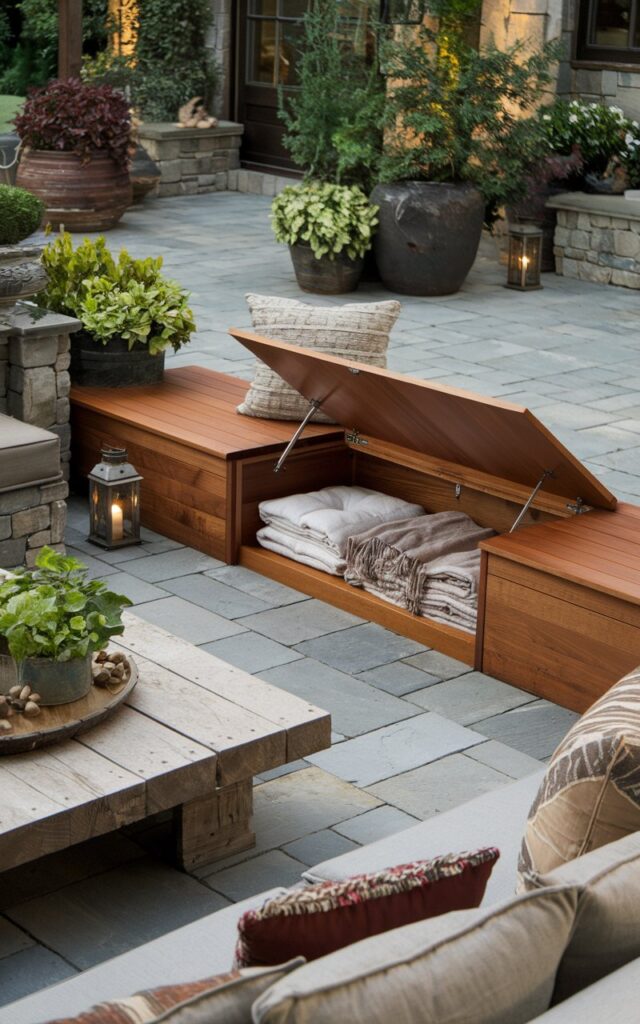 A photo of a posh rustic backyard patio with a built-in wooden bench. The bench has a rich, polished finish and is seamlessly integrated into the space. The bench opens to reveal hidden storage stocked with neatly folded cushions and cozy blankets. The storage is ready for cool evenings. Surrounding the seating area are stone pavers, lush potted greenery, and a low coffee table crafted from reclaimed timber. Soft lantern lighting and earthy-toned throw pillows complete the inviting, high-end rustic atmosphere. The space is perfect for both casual lounging and elegant outdoor gatherings.