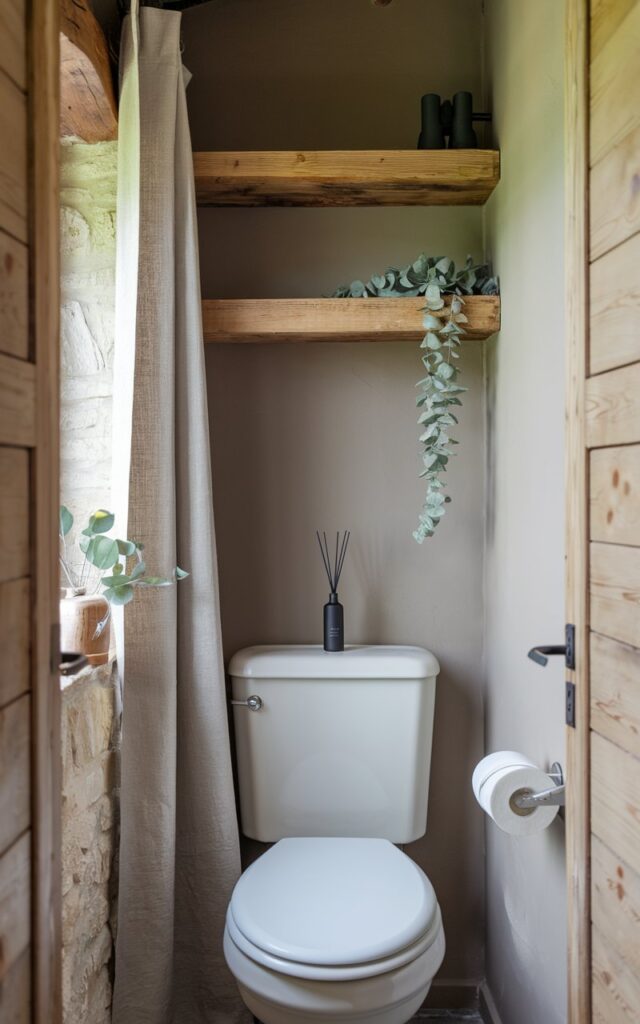 A photo of a rustic modern bathroom with a toilet area. The toilet area has a slim amber or matte black bergamot reed diffuser on the toilet tank. There is warm wood shelving above the toilet, a soft linen curtain on the window, and a sprig of eucalyptus nearby. The walls might be clad in natural stone or painted a soft taupe. The room has a clean and cozy atmosphere.