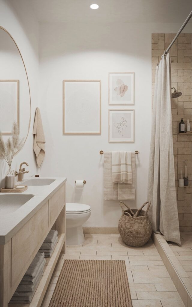 A photo of a Scandi coastal spa-like bathroom with a calm and clean design. There is a double vanity with sinks, a toilet, and a shower. The walls are white, and the floor is tiled with sandy-toned tiles. There are linen café curtains near the shower. Above the towel rack, there are 2-3 framed minimalist spa-themed art pieces. The art pieces are abstract water ripples, delicate line drawings, or soft botanical sketches. The frames are pale wood or whitewashed. There is a woven rug and a seagrass basket in the bathroom.