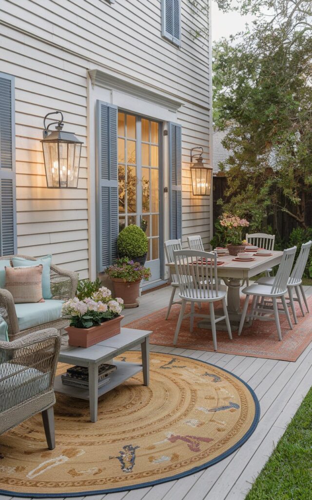 A photo of a southern traditional backyard patio attached to a house, exuding charm and hospitality. A large circular patterned rug anchors the cozy lounge area, complete with cushioned wicker chairs, a small wooden coffee table, and potted blooms in terracotta planters. The adjacent dining area features a rectangular outdoor rug in complementary colors, grounding a weatherproof wooden dining set with classic spindle-back chairs. Warm lantern-style wall sconces on the house façade add a soft, golden glow in the evening. The layered rugs bring both warmth and visual texture, making the patio feel like an inviting extension of the indoors.
