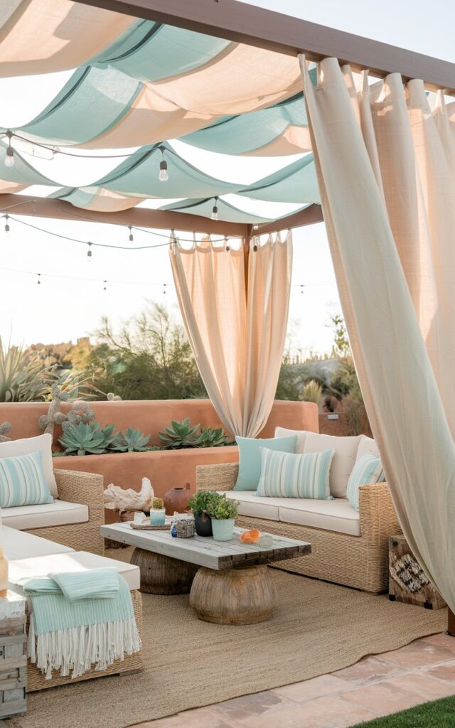 A photo of a Southwestern and coastal backyard patio with flowing outdoor curtains in sandy beige and soft aqua. The curtains are gently swaying in the breeze, creating a relaxed cabana feel. The space features a cushioned wicker lounge set with striped coastal pillows, a low rustic wood coffee table, and terracotta planters filled with succulents and desert blooms. A woven jute rug anchors the seating area, while seashell accents and driftwood decor blend effortlessly with warm Southwestern tones. Soft string lights and the scent of salt air complete the breezy, sun-kissed retreat.