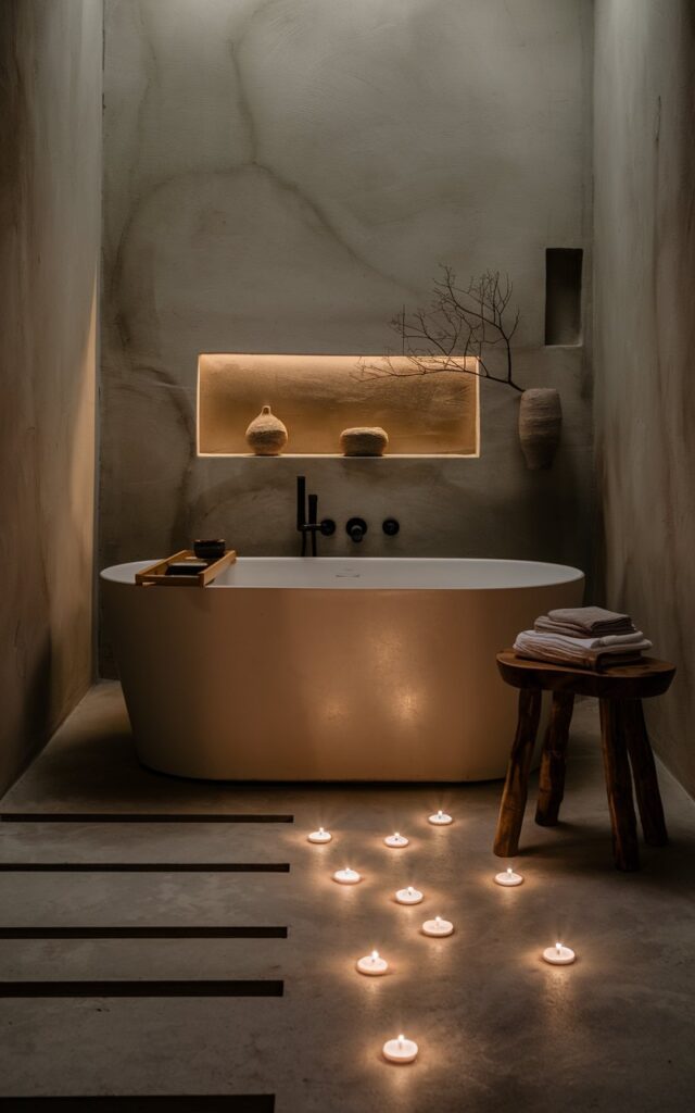 A photo of a spa-feel modern Japandi bathroom bathed in nighttime calm. There's a freestanding soaking tub surrounded by 4-5 small tea lights on the floor. Their soft flicker dances across the matte stone surfaces and pale wooden accents, casting shadows that feel almost meditative. The minimal design—clean lines, neutral tones, and organic textures—amplifies the warm glow in the quietest, most elegant way. A wooden bath stool nearby holds folded towels and a tiny bowl of bath salts, while a recessed shelf displays just a single ceramic vase with a dried branch. The whole space feels still, intentional, and deeply peaceful—perfect for a soak that melts the day away.