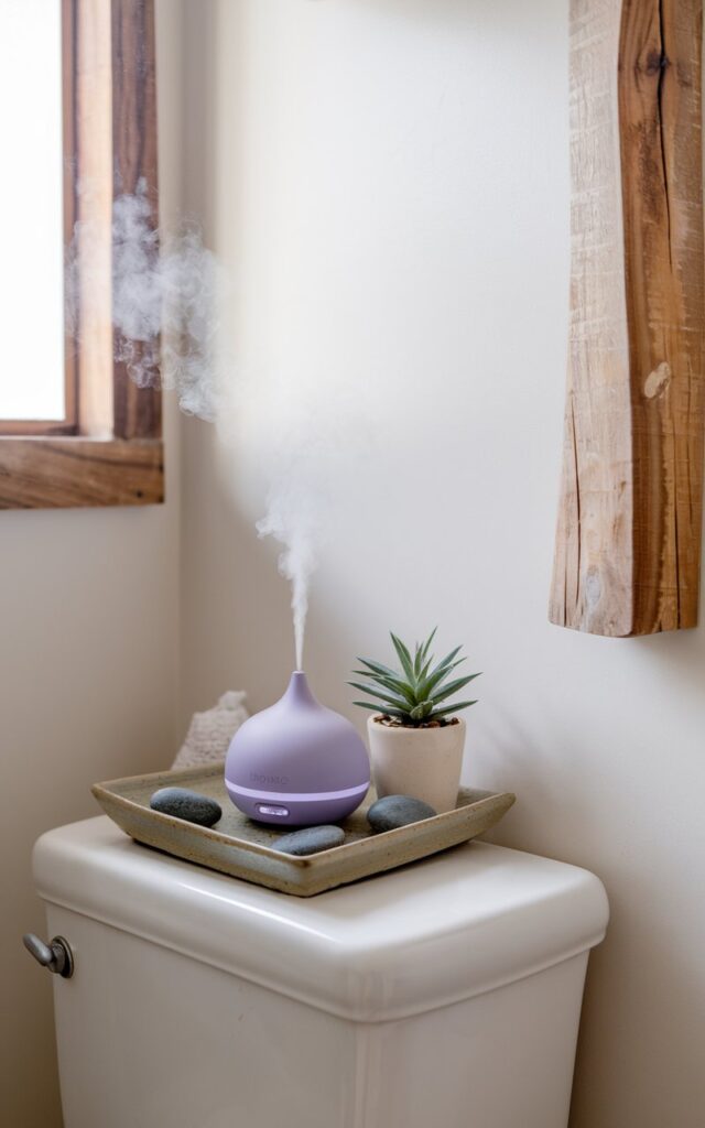 A photo of a spa-like bathroom with a clean, serene design. The walls are soft white, and there are natural wood accents throughout the room. The minimal decor includes a ceramic tray on top of the toilet tank, which holds an essential oil diffuser, a tiny potted plant, and a few smooth river stones. The diffuser is emitting a gentle lavender mist, which fills the space and creates a calm, grounded atmosphere.