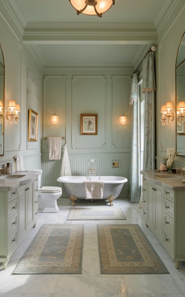 A photo of a regal-style spa bathroom with walls painted in a soft, serene sage green and wainscoting. The room has a fully furnished bathroom with a freestanding tub, a double vanity with mirrors, a toilet, and a curtained window. There is a floor rug and two small framed art pieces hanging above the tub and near the vanity. The room has marble floors, vintage sconces, and a chandelier overhead. The lighting is warm.