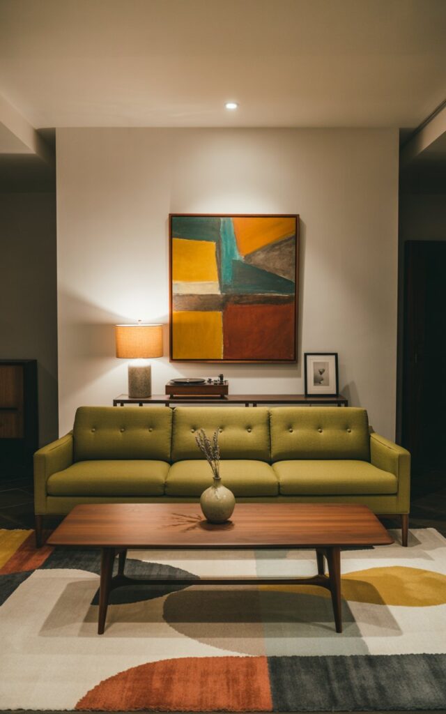 A photograph of a meticulously designed mid-century modern living room centered around a low-profile sofa upholstered in a muted olive green fabric. The sofa, with its clean lines and elegant button tufting, sits squarely on a geometric patterned rug in shades of cream, charcoal, and burnt orange, facing a sleek walnut coffee table displaying a single vintage ceramic vase filled with a single sprig of dried lavender. A warm table lamp with a drum shade casts a soft glow highlighting the abstract painting above the sofa – a vibrant composition of bold geometric shapes in hues of mustard yellow, teal, and brick red – all subtly illuminated by the recessed ceiling LED, enhancing the room’s calming and sophisticated atmosphere. The room subtly includes a dark wood console table holding a vintage record player and a framed minimalist black and white photograph.