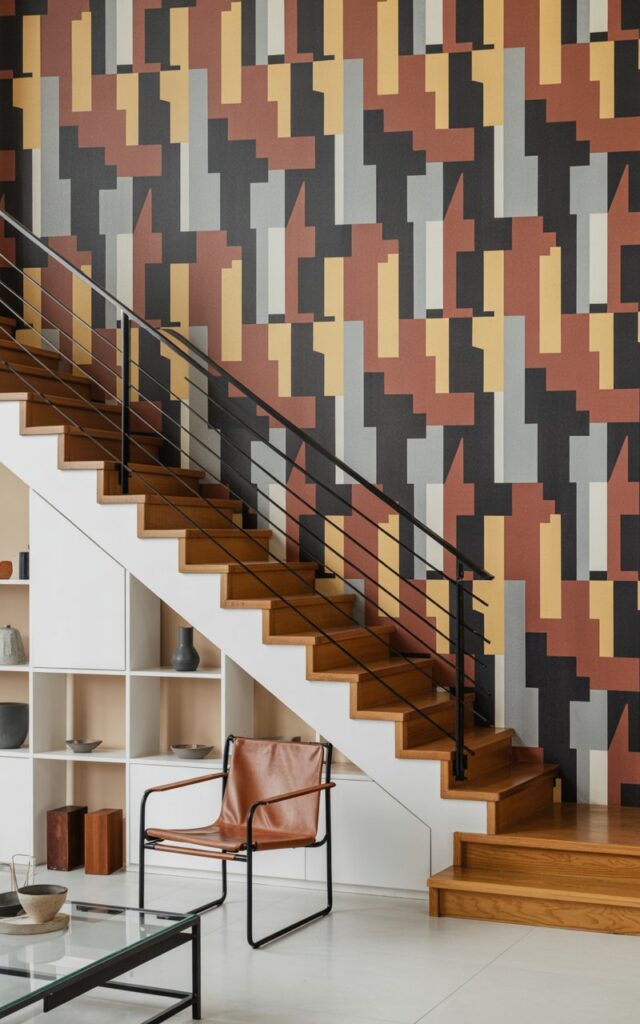 A Bauhaus-style living room interior showcasing a striking staircase with geometric abstract wallpaper covering the adjacent wall. The wallpaper features bold interlocking shapes in muted primary colors—brick red, steel blue, mustard yellow, and charcoal black—arranged in a rhythmic pattern that balances playfulness with sophisticated design principles. The staircase displays clean wooden treads in warm oak, paired with minimalist black steel railings and open risers that create visual lightness and spatial flow. The surrounding living space features iconic Bauhaus furniture including a leather Barcelona chair, a glass-topped Wassily table, and built-in shelving, all set against crisp white walls with carefully placed accent pieces in complementary bold colors.