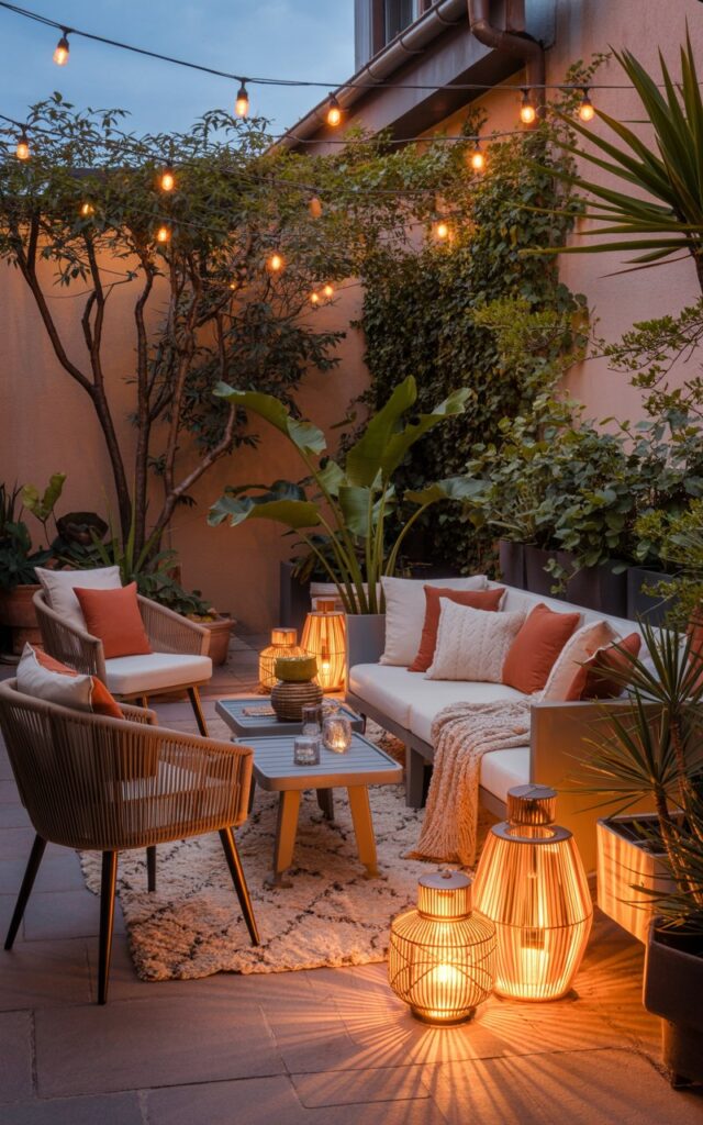 A photograph of a cozy backyard patio bathed in the warm hues of dusk. A comfortable seating area features woven chairs, low wooden tables, and layered cushions in muted beige, terracotta, and cream tones, arranged around a plush, textured rug. Several lanterns of varying heights are strategically placed beside the seating area, their soft, flickering light casting dancing shadows on the patio stones and illuminating the surrounding lush potted plants and trailing vines. Subtle string lights woven overhead complete the relaxed, eclectic atmosphere, enhancing the intimate ambiance of the space.