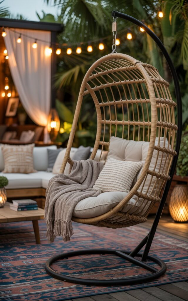 A photograph of a rattan hanging chair nestled within a bohemian backyard patio at dusk. The chair features plush, cream-colored cushions adorned with a knitted throw blanket, gently swaying as if occupied. Surrounding the chair are cozy sofas, a low wooden coffee table displaying a stack of books, and a vibrant patterned rug grounding the lounge area. Warm light from string lights and lanterns illuminates the textured fabrics and woven details, creating a tranquil and inviting ambiance.