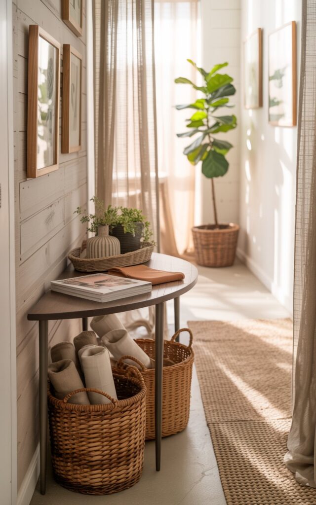 A photograph of a semi-circle console table nestled against a whitewashed hallway wall, displaying a curated collection of natural textures. Beneath the table, two seagrass baskets are neatly arranged, containing rolled linen blankets and a few rustic leather-bound magazines, their muted colors complementing the hallway's palette. The hallway is illuminated by soft, diffused light filtering through sheer linen curtains and features a patterned jute runner, along with a potted fiddle-leaf fig tree in a woven basket and framed botanical prints adorning the walls. Warm, gentle pastels and natural wood tones create a cozy, effortlessly stylish atmosphere, perfectly embodying a Boho + cottagecore aesthetic.