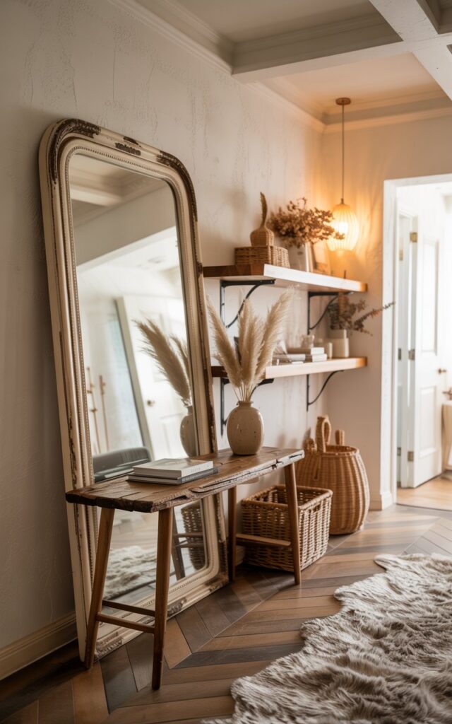 A photograph of a sun-drenched hallway embodying a California coastal Boho aesthetic, dominated by a large, antique-framed leaning mirror against a textured white wall. The mirror’s surface reflects the soft morning light, showcasing a slim, reclaimed wood console table adorned with a ceramic vase holding pampas grass and a stack of design books. Floating shelves display woven baskets and dried floral arrangements, while a warm-toned pendant light illuminates the hallway, which features a herringbone-patterned wood floor partially covered by a plush, neutral-colored rug. The coffered ceiling adds architectural interest, enhancing the airy, relaxed, and stylish vibe of the space.